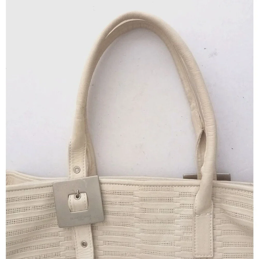 Renato Angi Vanilla Ivory Leather Lg Tote Brushed Silver Buckle Strap Made Italy